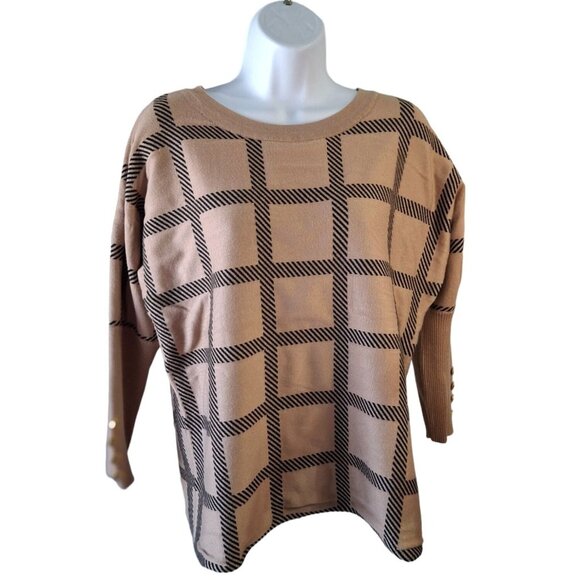 Cable & Gauge Plaid Sweater Womens Medium Tan Black Button Cuffs - Picture 1 of 6